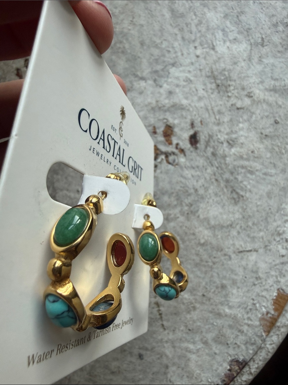 Coastal Grit Gold Hoop Earrings with Multicolor Stone Accents - Picture 5 of 10